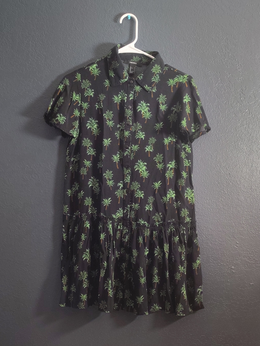 Forever 21 Palm Tree Drop Waist Button Down Shirt Dress